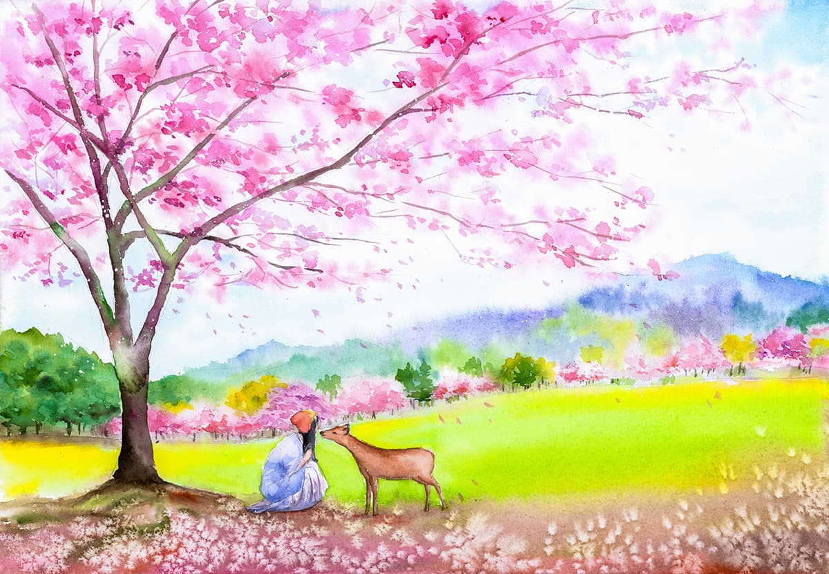 Watercolor Woman and Deer Under Tree Wallpaper pattern detail
