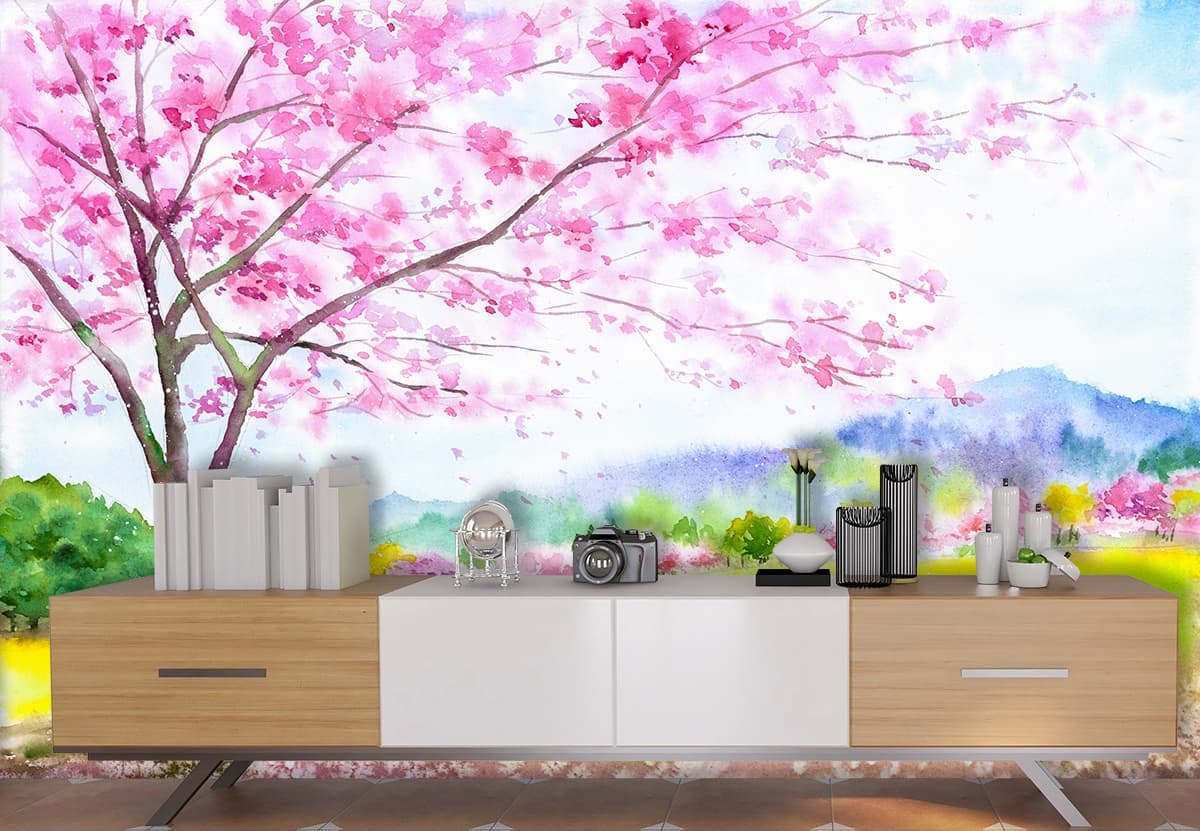Watercolor Woman and Deer Under Tree Wallpaper shown in a room