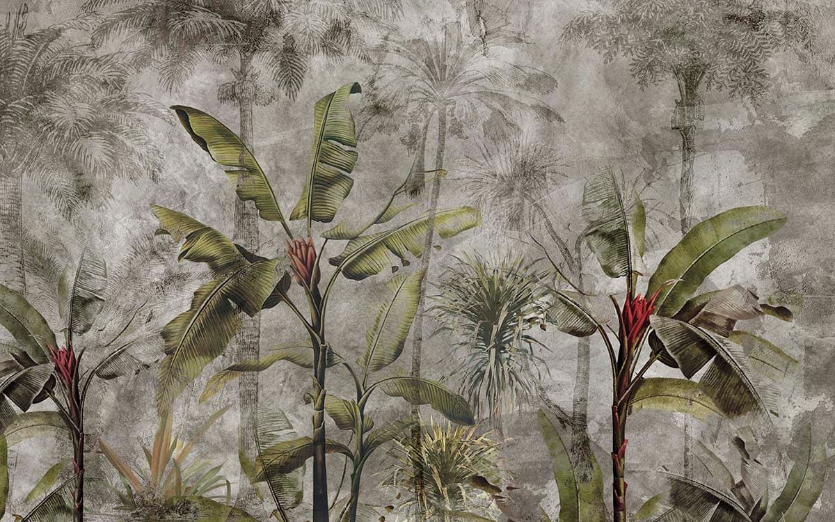 Artistic Palm Trees and Blossom Design Wallpaper pattern detail