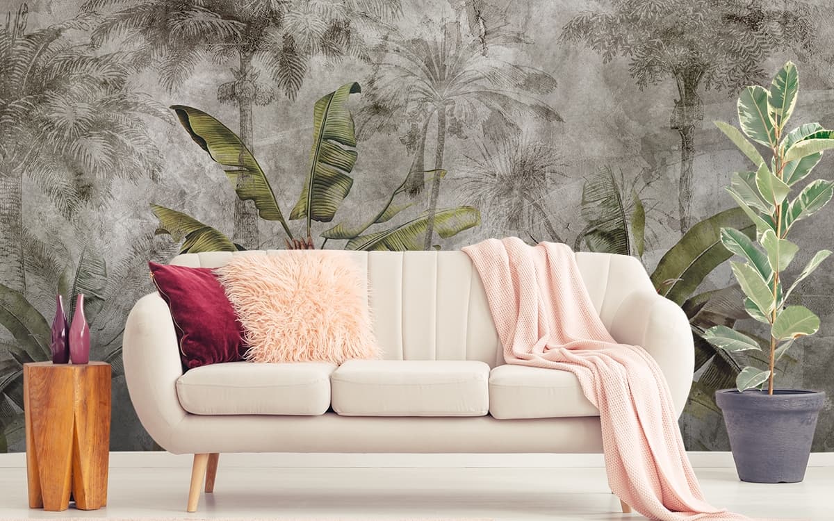 Artistic Palm Trees and Blossom Design Wallpaper shown in a room