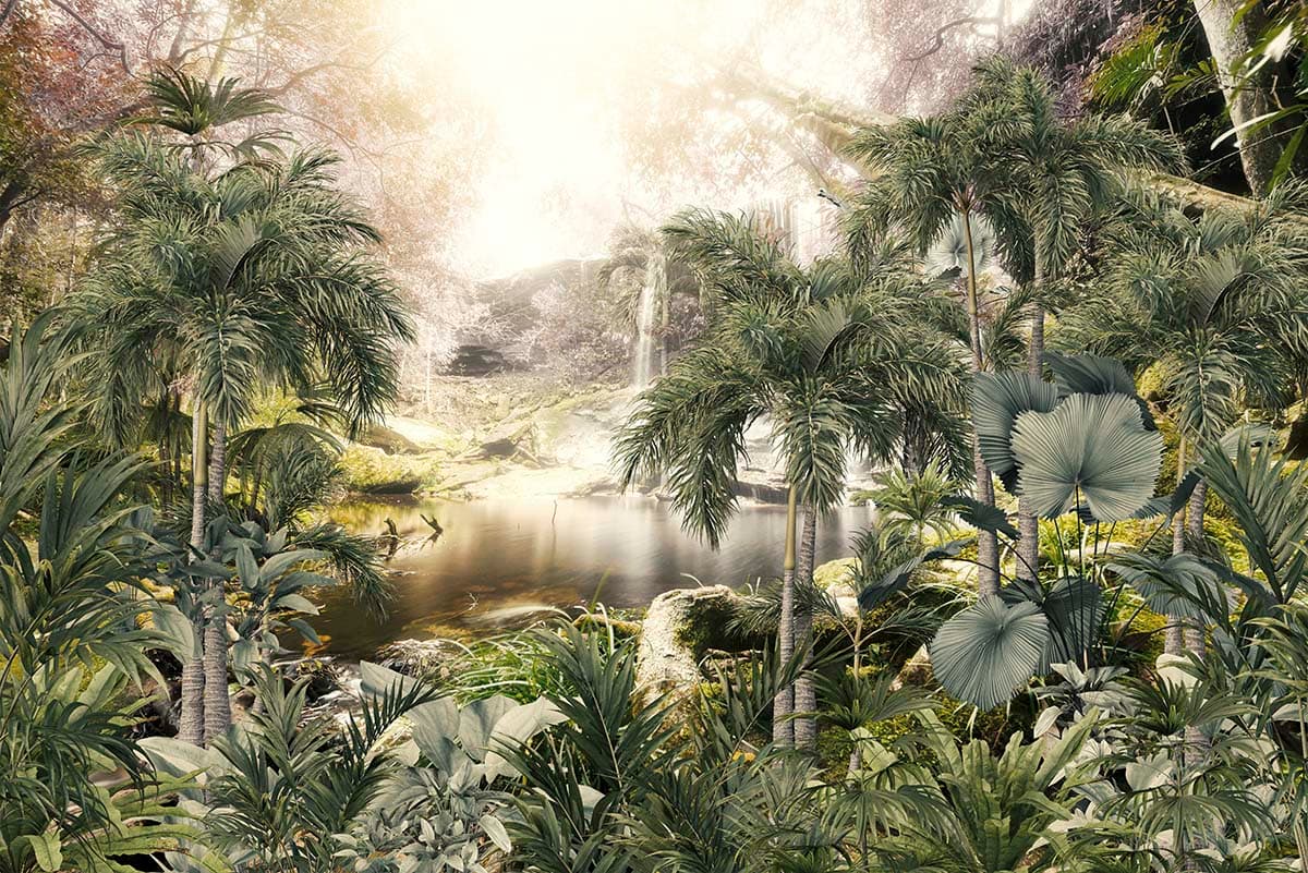 Elegant Jungle Waterfall Nature Scene Wallpaper pattern detail