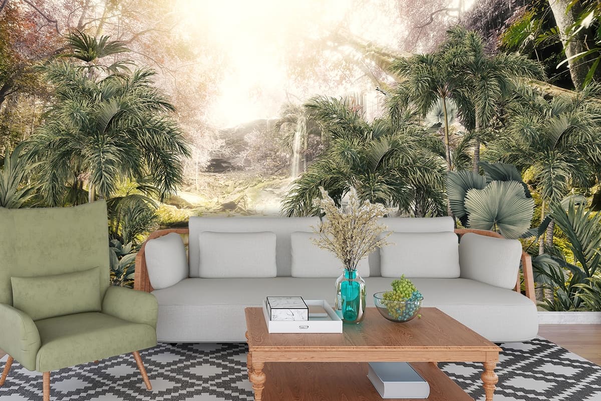 Elegant Jungle Waterfall Nature Scene Wallpaper shown in a room