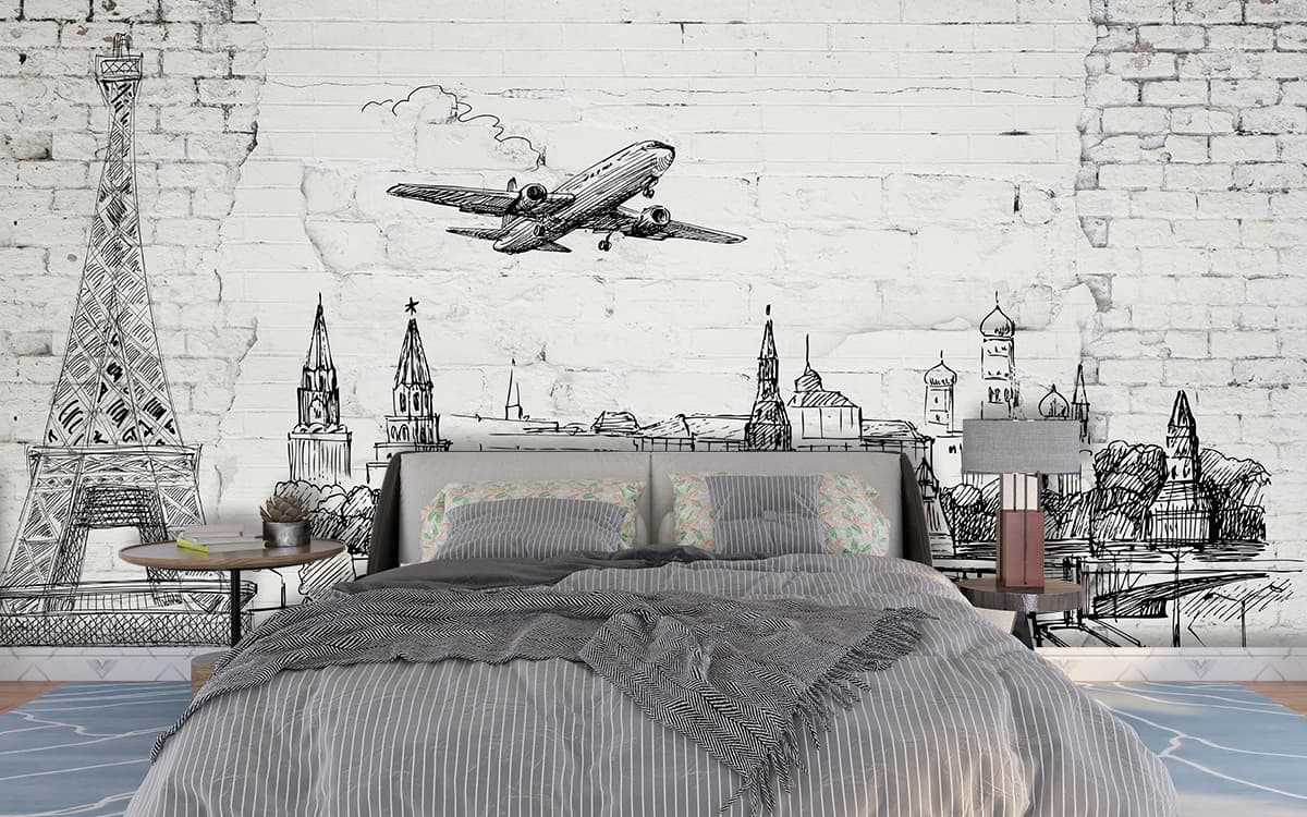 City and Bridge Sketch Illustration Wallpaper shown in a room