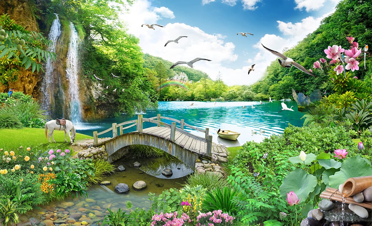 Nature bridge over water with waterfall birds wallpaper pattern detail