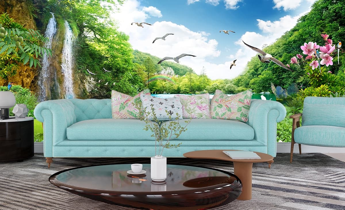 Nature bridge over water with waterfall birds wallpaper shown in a room