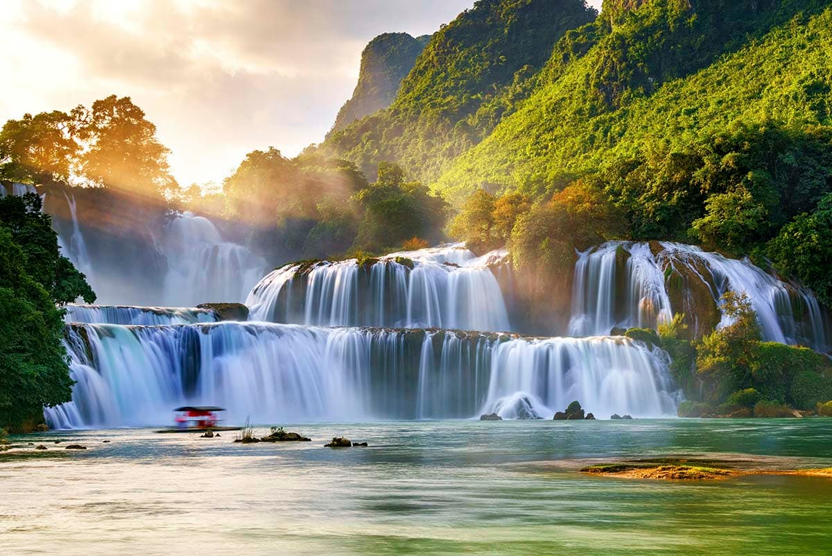 Krka river boat drifting through waterfall landscape wallpaper pattern detail
