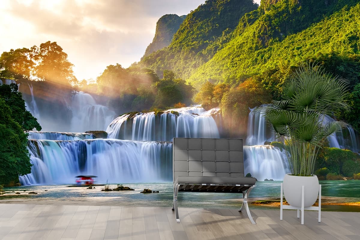 Krka river boat drifting through waterfall landscape wallpaper shown in a room