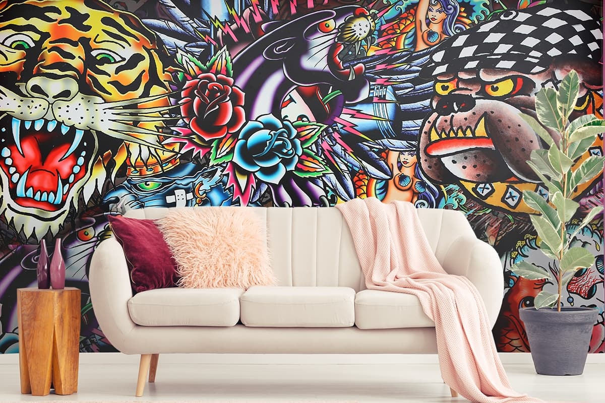 Modern Hand Drawn Sketch Style wallpaper shown in a room