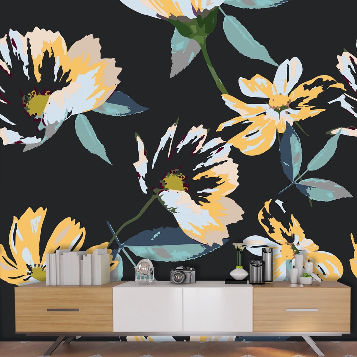The Vivid Blooms on Black Wallpaper for Wall shown in a room