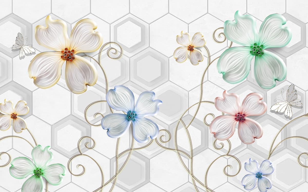 3D Flower With Hexagonal Geometric Patterns Wallpaper pattern detail