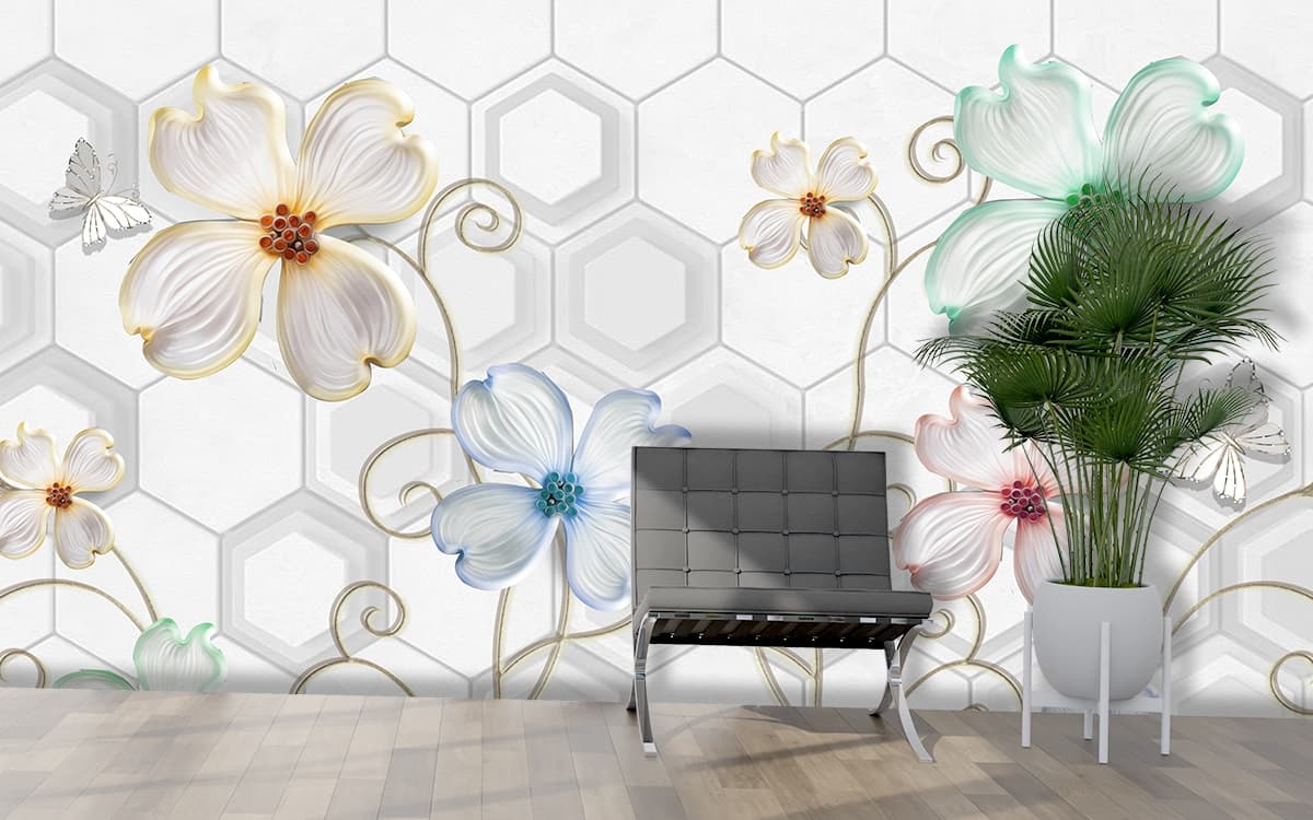 3D Flower With Hexagonal Geometric Patterns Wallpaper shown in a room