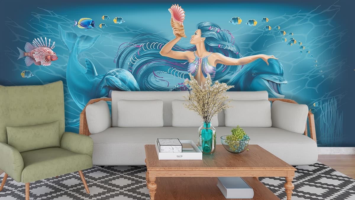 Ocean Fantasy Mermaid Panorama Wallpaper shown in a room