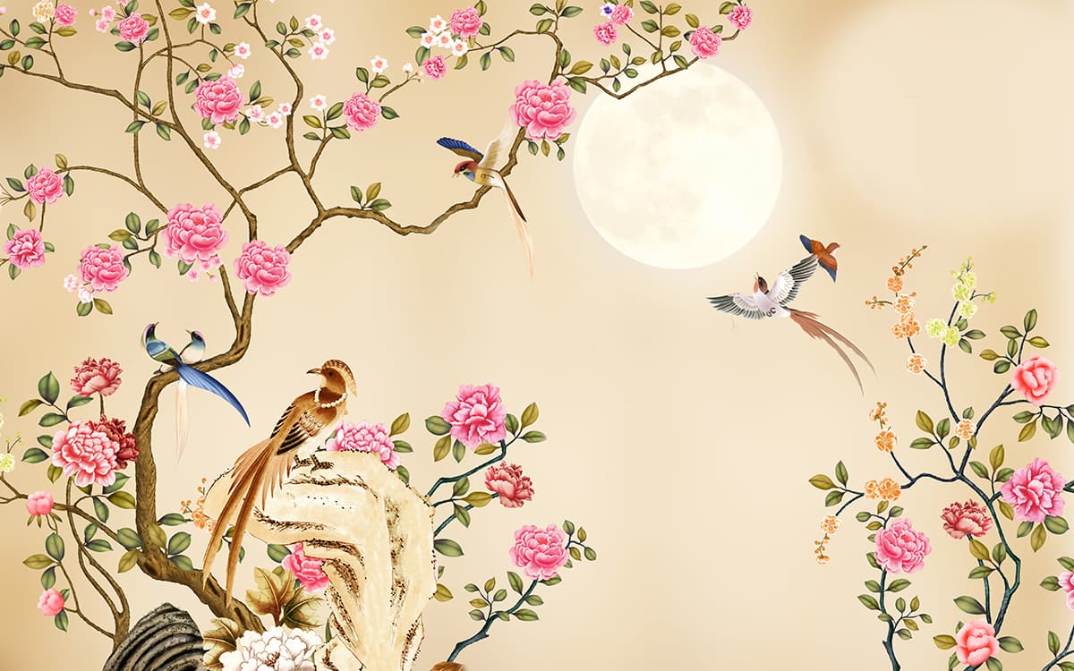Vibrant birds perched among blooming flowers art wallpaper pattern detail