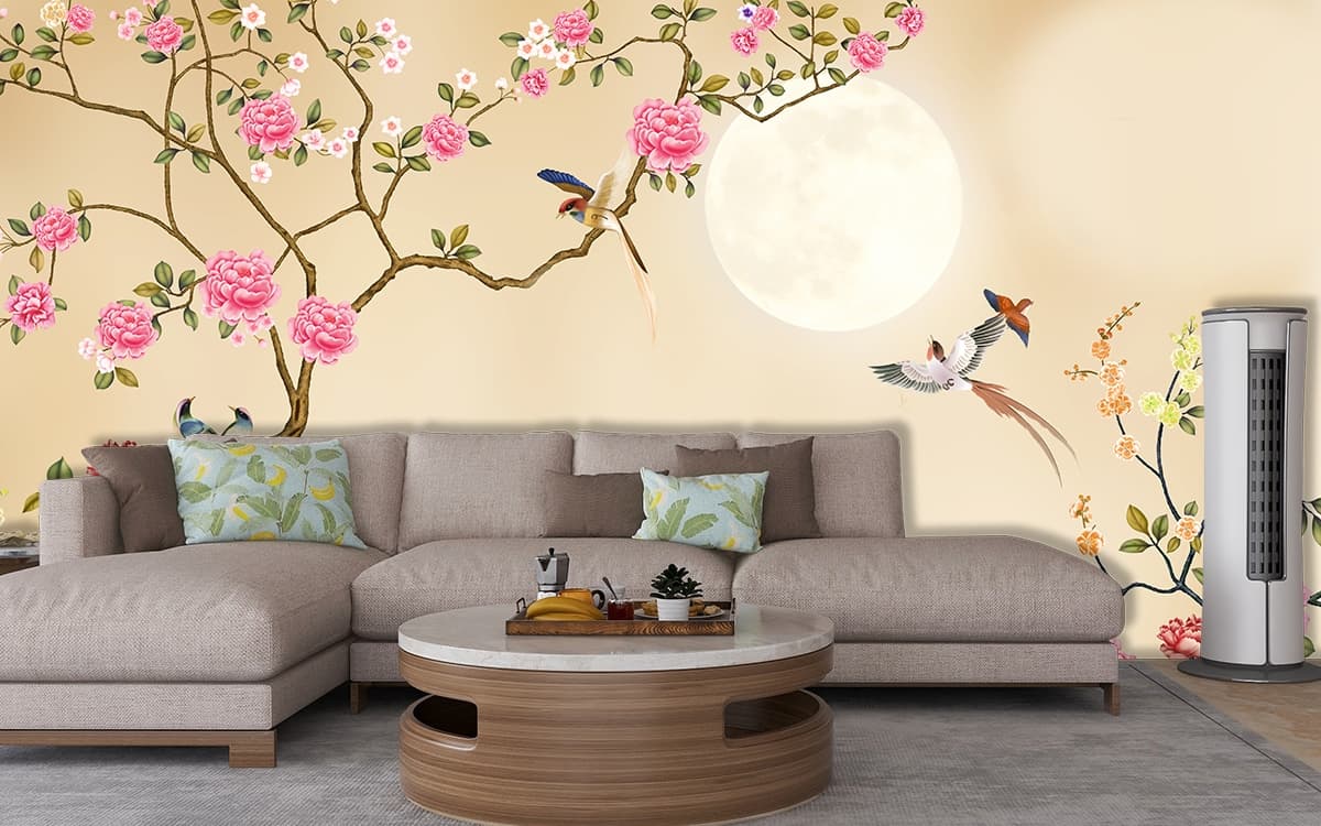 Vibrant birds perched among blooming flowers art wallpaper shown in a room