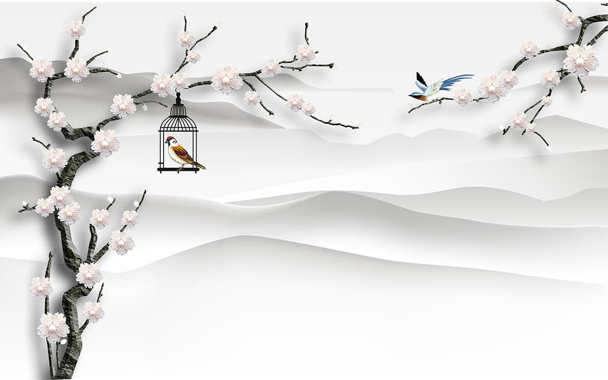 Aesthetic Bird on Flowering Branch Wallpaper pattern detail