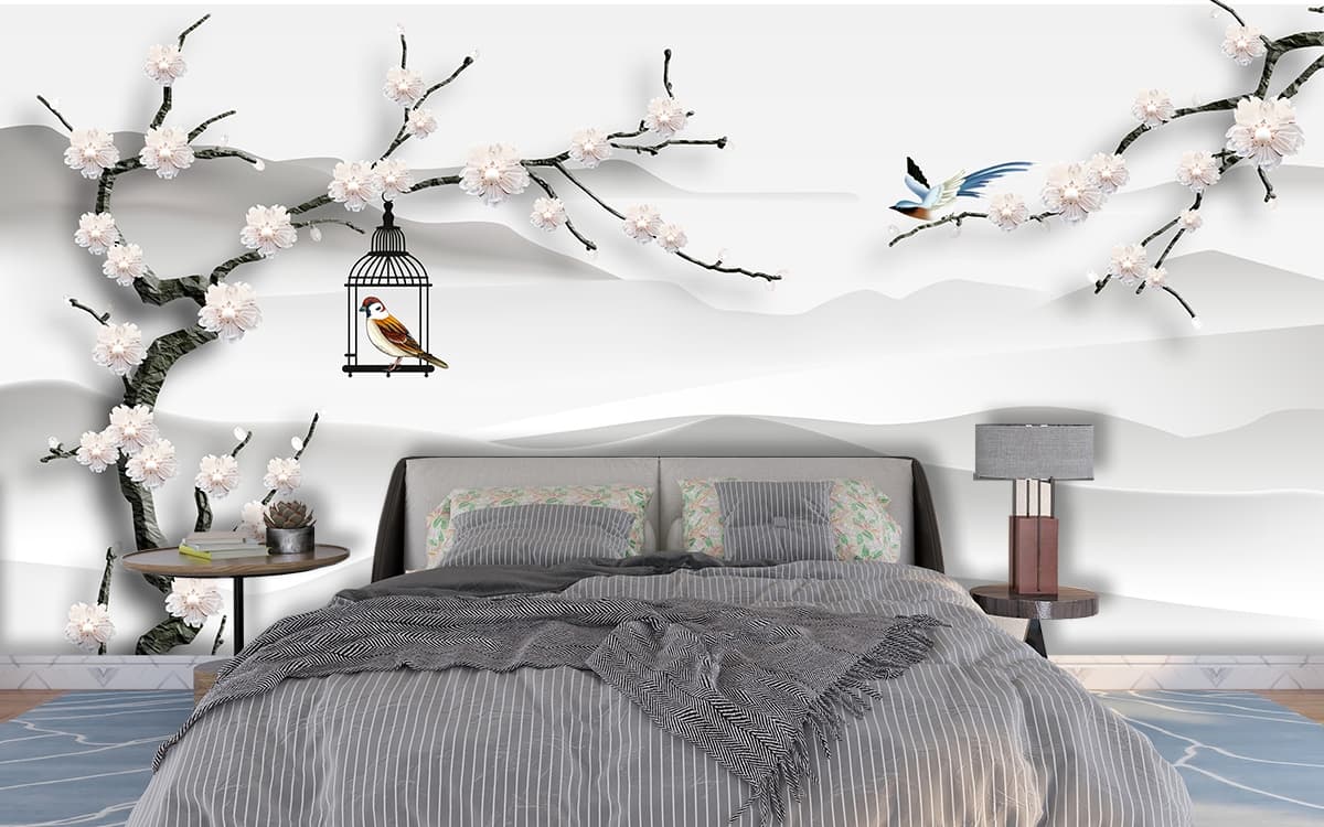 Aesthetic Bird on Flowering Branch Wallpaper shown in a room