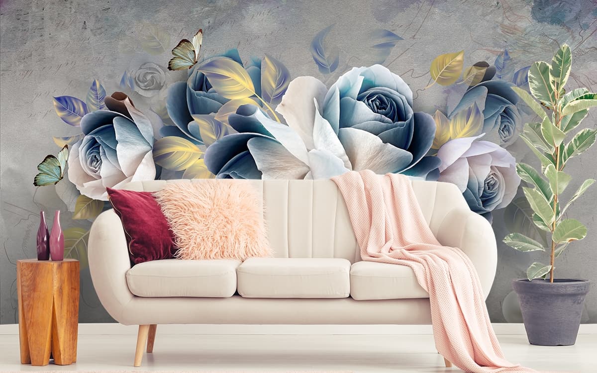 Elegant Floral Butterflies Close-Up Design Wallpaper shown in a room