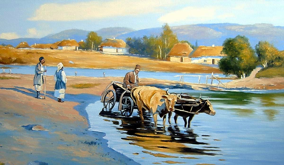 Luxury Rural Scene with Man Driving Cow Cart Wallpaper pattern detail