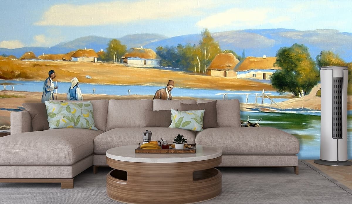 Luxury Rural Scene with Man Driving Cow Cart Wallpaper shown in a room