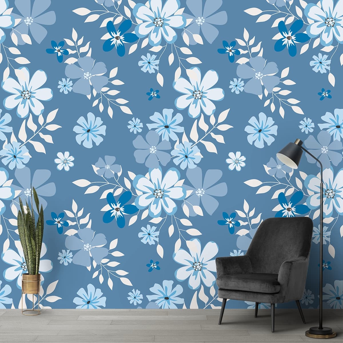 Blue and White Flowers Decorative Wallpapers for Walls shown in a room