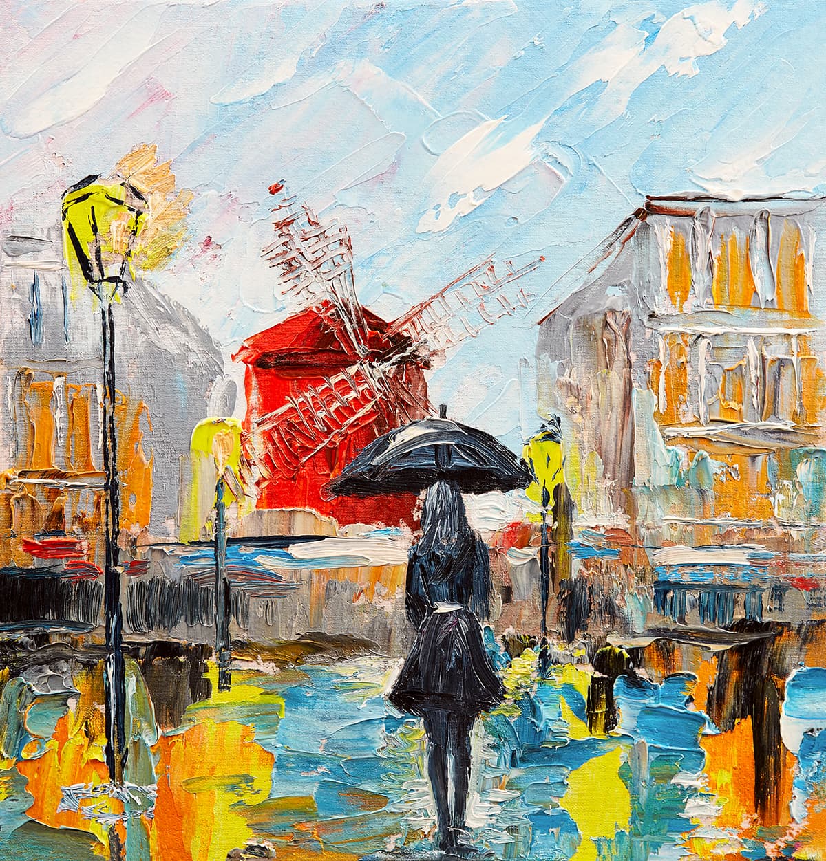 A painting of a woman walking with an umbrella pattern detail