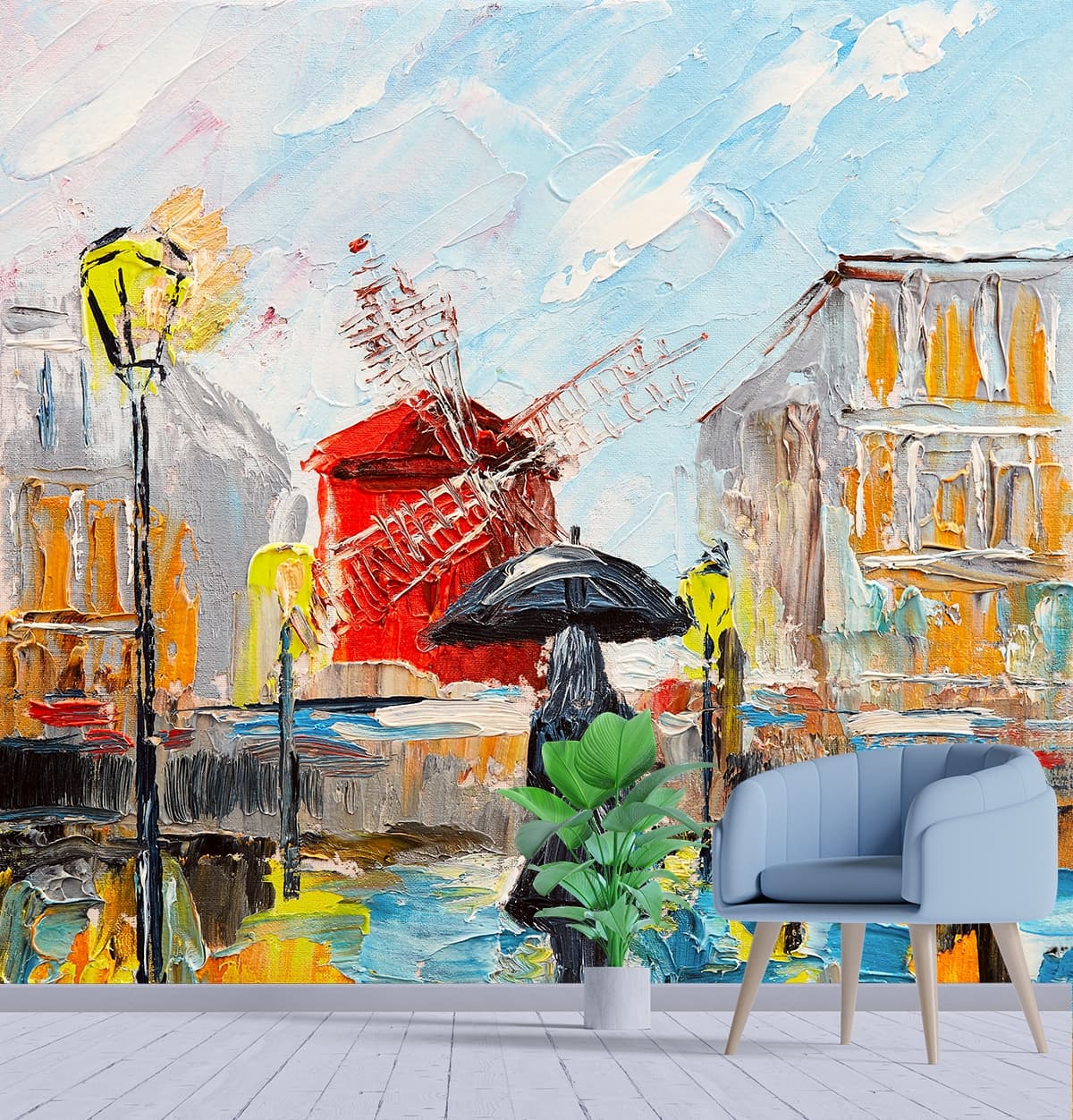 A painting of a woman walking with an umbrella shown in a room