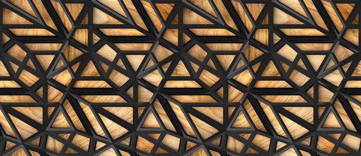 3D Black Metal Mesh Wallpaper on a Wood Surface pattern detail