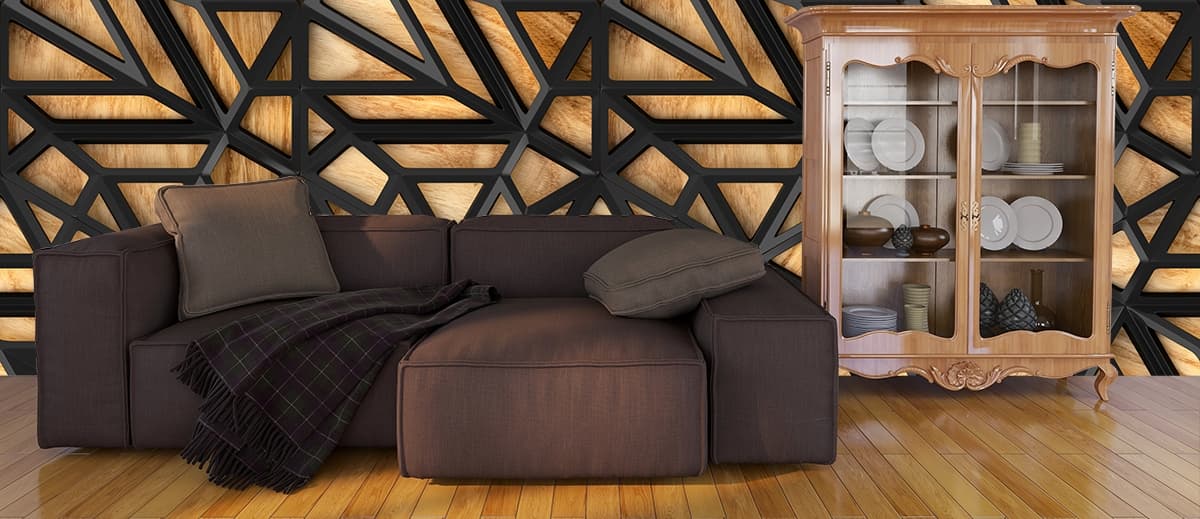 3D Black Metal Mesh Wallpaper on a Wood Surface shown in a room