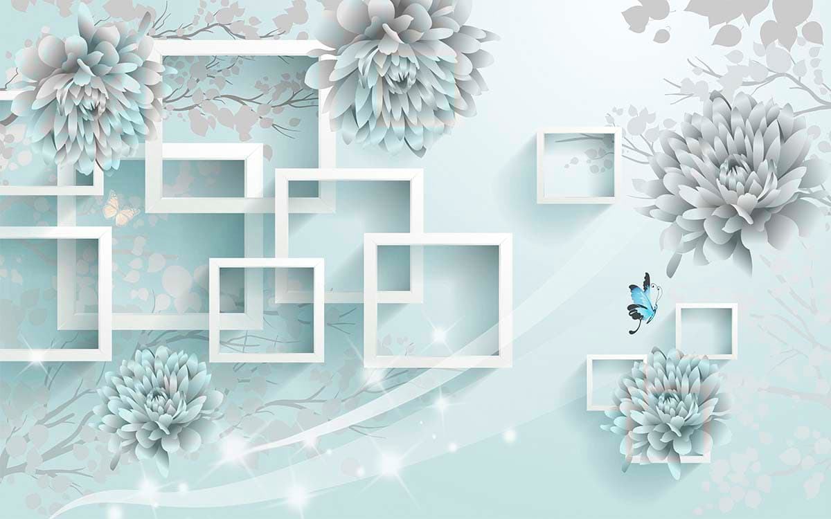 A 3D Design Wallpaper with Square Patterns and Flowers for Wall pattern detail