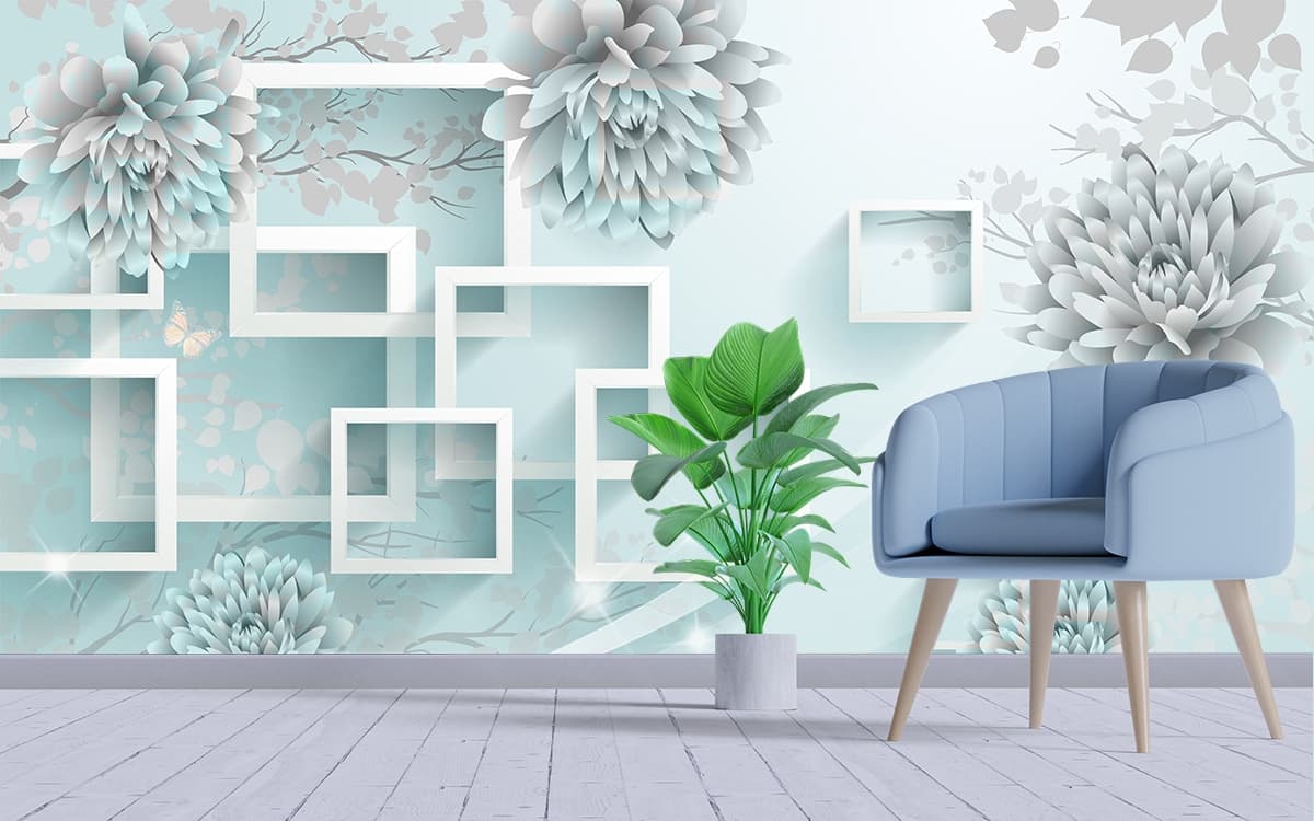 A 3D Design Wallpaper with Square Patterns and Flowers for Wall shown in a room
