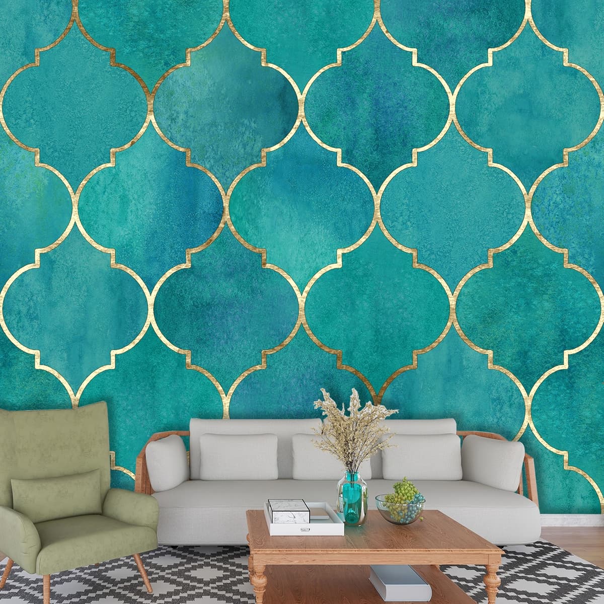 Blue and Green Pattern Modern Artistic Wallpaper shown in a room
