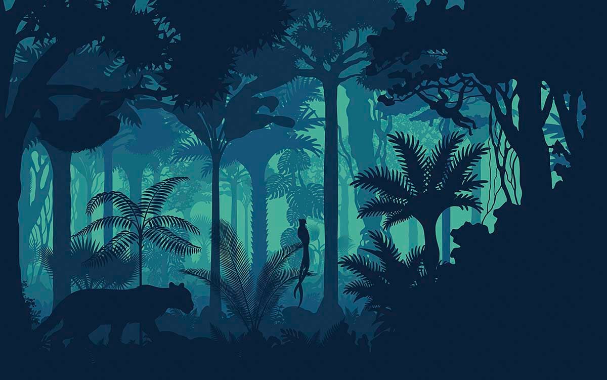 A silhouette of a jungle with trees and plants pattern detail