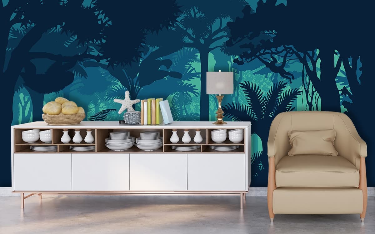 A silhouette of a jungle with trees and plants shown in a room