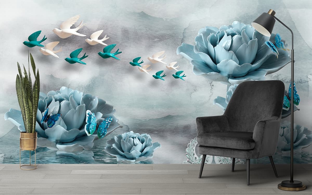 Beautiful Birds and Flowers Nature Scene wallpaper shown in a room