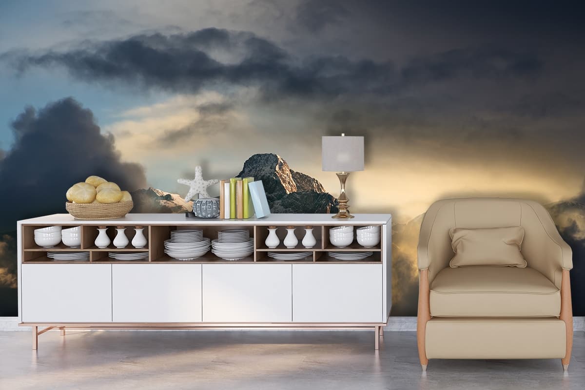 Natural Mountain Peak Sunset Scene Wallpaper shown in a room