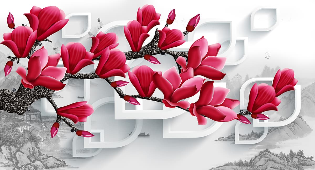 Pink Flowers on Branch Elegant Botanical Wall Mural Wallpaper pattern detail