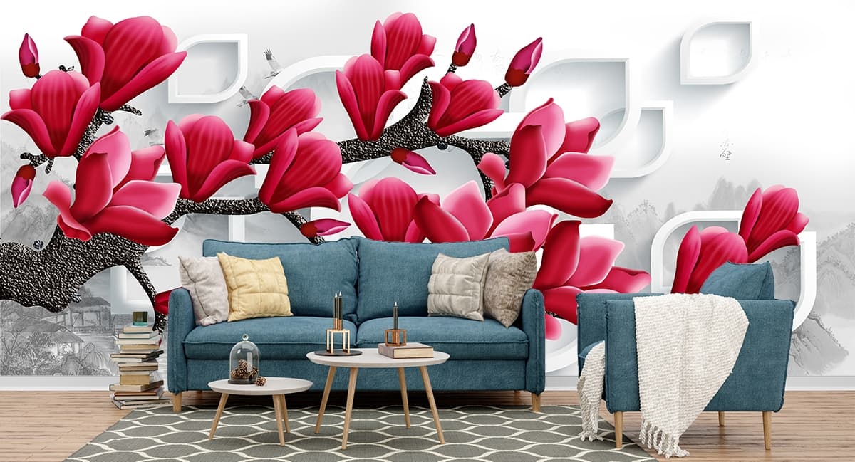 Pink Flowers on Branch Elegant Botanical Wall Mural Wallpaper shown in a room