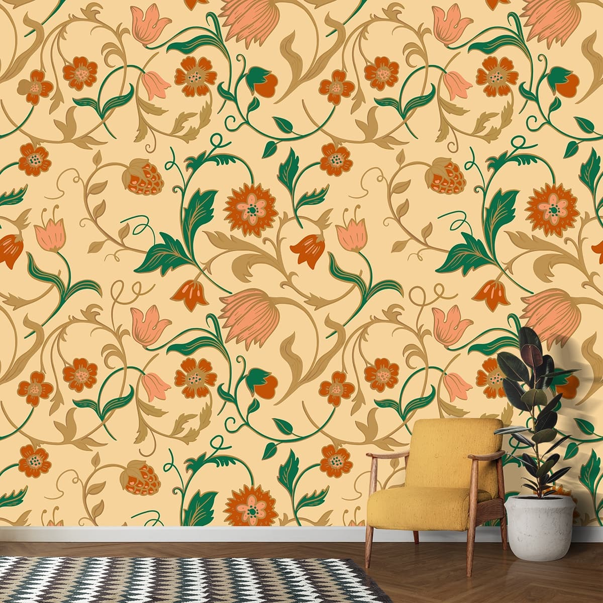 A Vintage Wallpaper Intrinsic of Flowers and Leaves shown in a room
