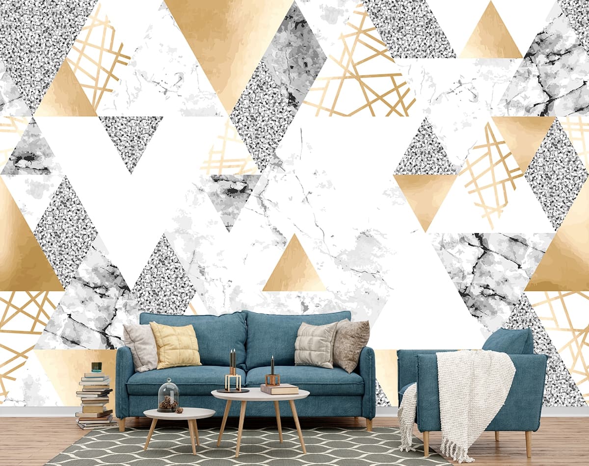 Grey and Golden Triangular Patterns Wallpaper Mural shown in a room