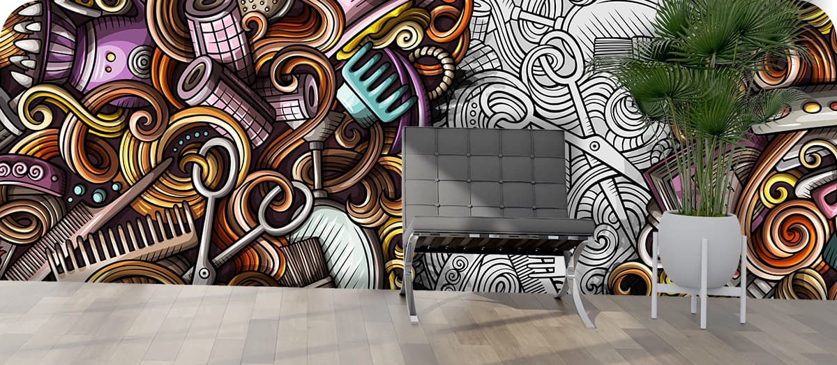 Hand Drawn Doodle Art Monochrome Graffiti Wallpaper shown in a room