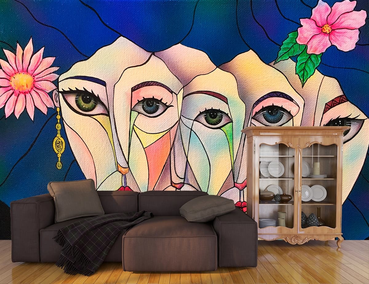 Group of Women Painting Artistic Design wallpaper shown in a room