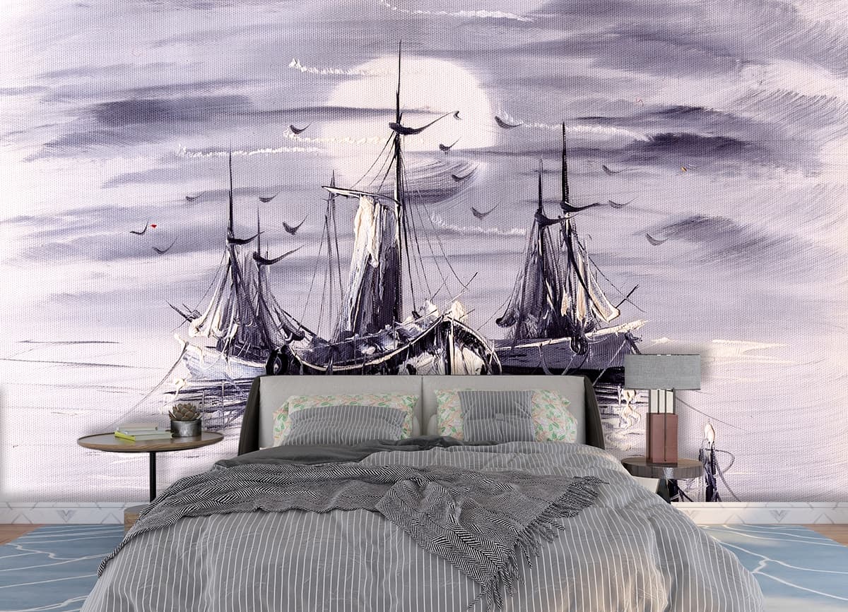 Ocean Odyssey Boat Scenery Wallpaper shown in a room