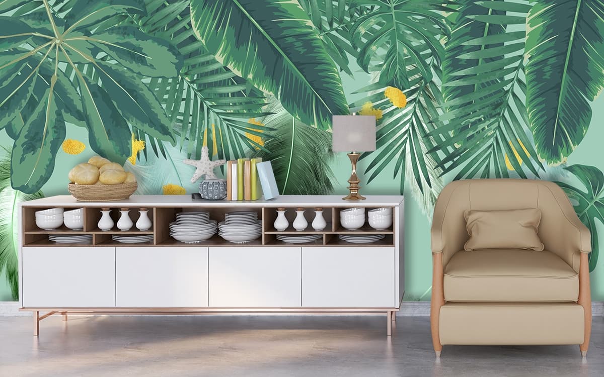 Elegant Botanical Green Leaves Wall Art Design Wallpaper shown in a room