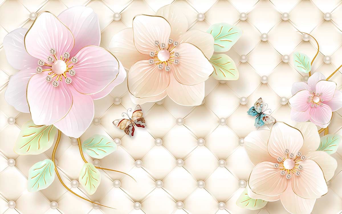 Stylish Cream Quilt with 3D Pink Lily Motif Wallpaper pattern detail