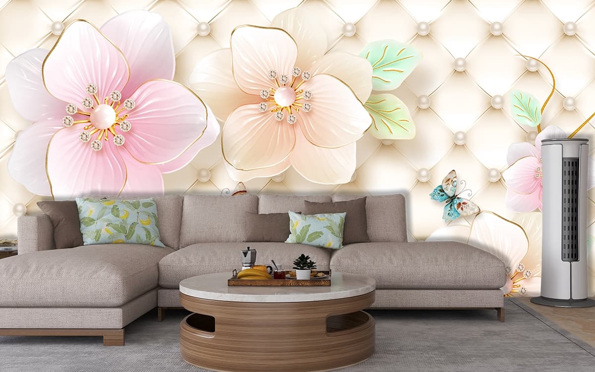 Stylish Cream Quilt with 3D Pink Lily Motif Wallpaper shown in a room