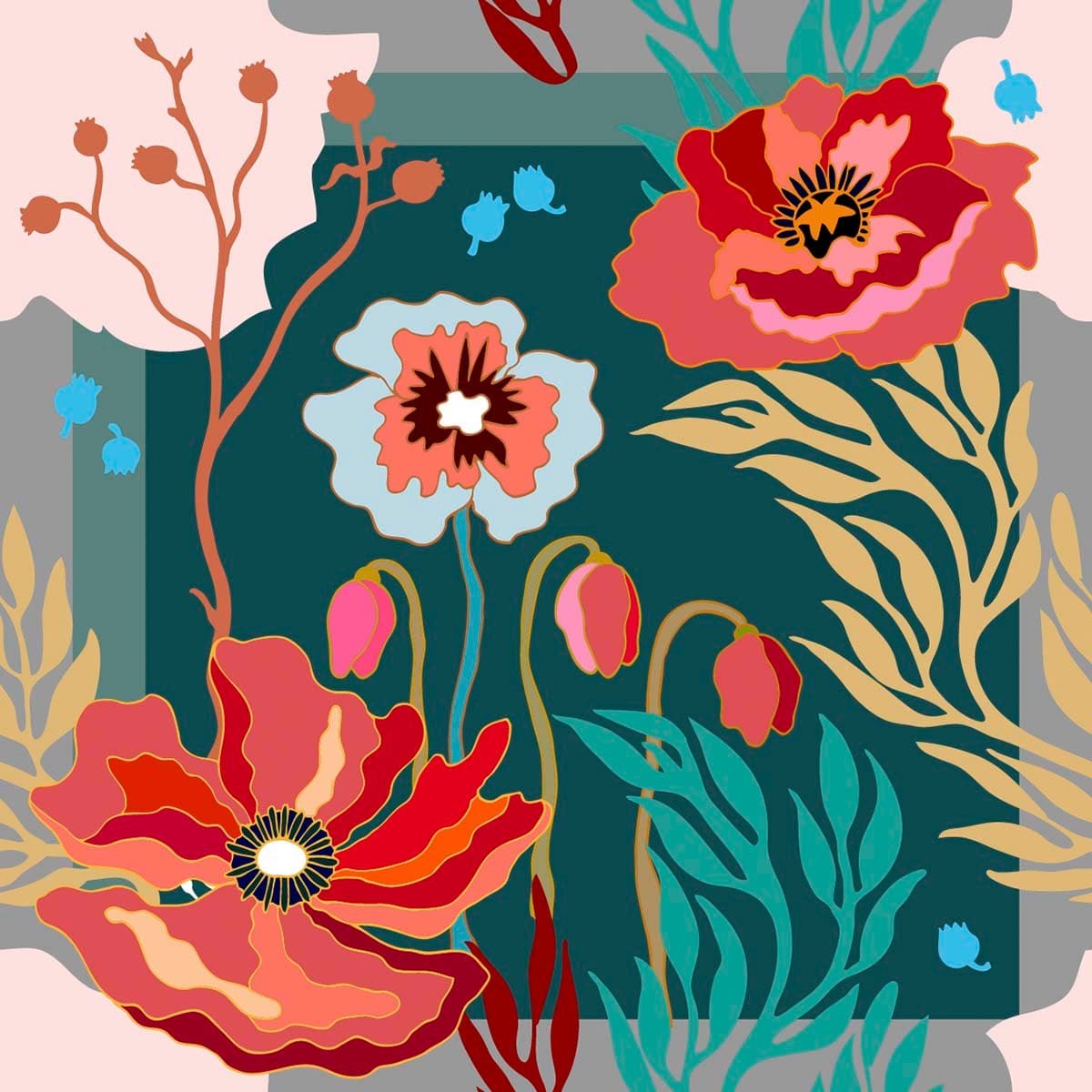 A colorful floral design on a square pattern detail