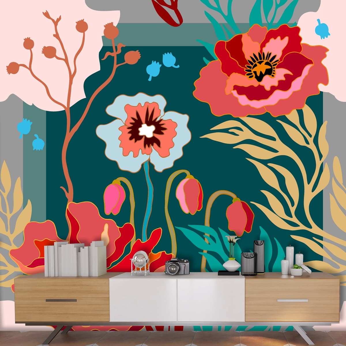 A colorful floral design on a square shown in a room
