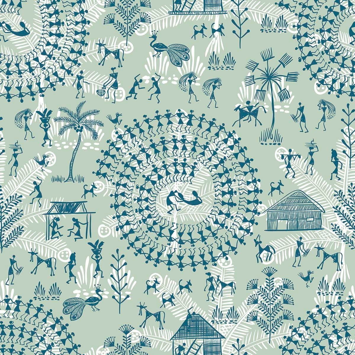 Blue Warli Tribal Art Wallpaper Warli Dance pattern detail