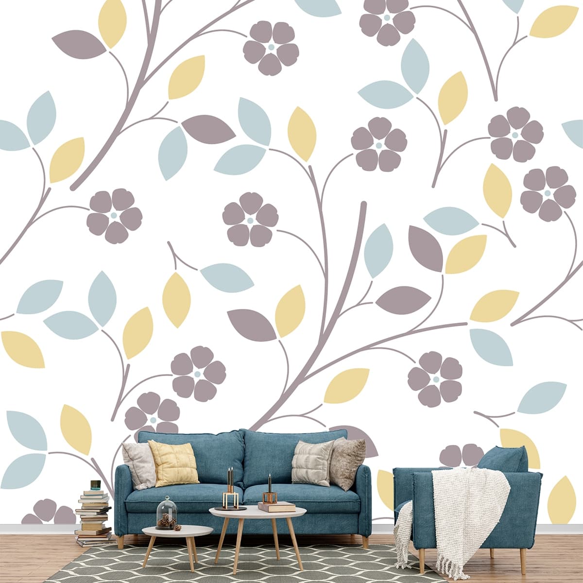 Aesthetic Flowers and Leaves Pattern Design Wallpaper shown in a room