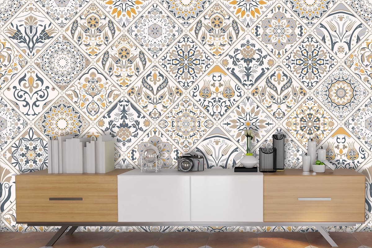 Moroccan Style Colorful Tiles Pattern Wallpaper shown in a room